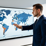 A professional man in a modest business suit, standing in a sleek, modern office, thoughtfully reviewing a large digital strategic map displayed on a transparent screen. He has a focused expression, gesturing with one hand towards the detailed plan. The office features minimalist design and natural light. Fully clothed, appropriate attire, safe for work, perfect anatomy, correct proportions, natural pose, well-formed hands, proper finger count, natural body proportions, professional photography, high quality, professional.