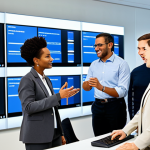 A diverse group of professional municipal public servants, fully clothed, in modest business attire, are engaged in collaborative work in a bright, modern government office. Some are interacting with computers and large digital screens, while one experienced colleague guides a younger one through a new software interface. The scene conveys a sense of learning and adaptation in the face of digital transformation within public service. Professional dress, appropriate attire, safe for work, appropriate content, perfect anatomy, correct proportions, natural pose, well-formed hands, proper finger count, natural body proportions, professional photography, high quality, family-friendly.
