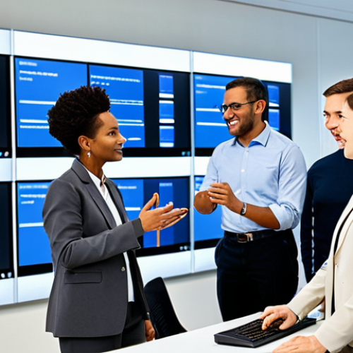 A diverse group of professional municipal public servants, fully clothed, in modest business attire, are engaged in collaborative work in a bright, modern government office. Some are interacting with computers and large digital screens, while one experienced colleague guides a younger one through a new software interface. The scene conveys a sense of learning and adaptation in the face of digital transformation within public service. Professional dress, appropriate attire, safe for work, appropriate content, perfect anatomy, correct proportions, natural pose, well-formed hands, proper finger count, natural body proportions, professional photography, high quality, family-friendly.