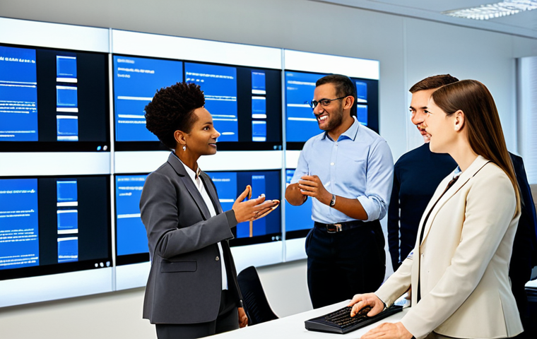 A diverse group of professional municipal public servants, fully clothed, in modest business attire, are engaged in collaborative work in a bright, modern government office. Some are interacting with computers and large digital screens, while one experienced colleague guides a younger one through a new software interface. The scene conveys a sense of learning and adaptation in the face of digital transformation within public service. Professional dress, appropriate attire, safe for work, appropriate content, perfect anatomy, correct proportions, natural pose, well-formed hands, proper finger count, natural body proportions, professional photography, high quality, family-friendly.