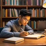 Home 22 지방행정사 시험 과목별 공부 전략 - **Dedicated Study Session:** A young adult, wearing a comfortable yet modest long-sleeved shirt and ...
