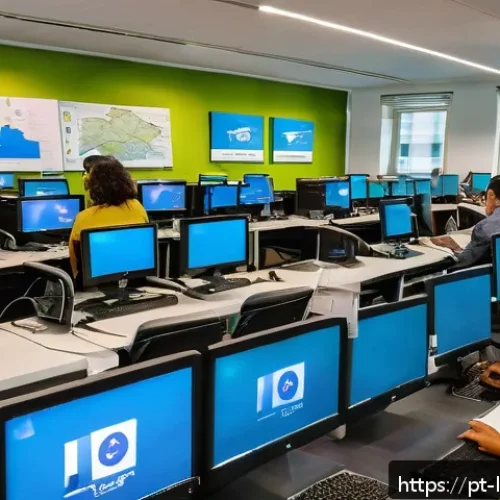 Home 17 지방행정사 실무 사례 분석 - A vibrant urban municipal office setting in Brazil, showing diverse public servants actively engagin...