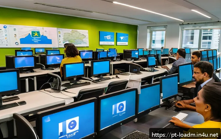 지방행정사 실무 사례 분석 - A vibrant urban municipal office setting in Brazil, showing diverse public servants actively engagin...